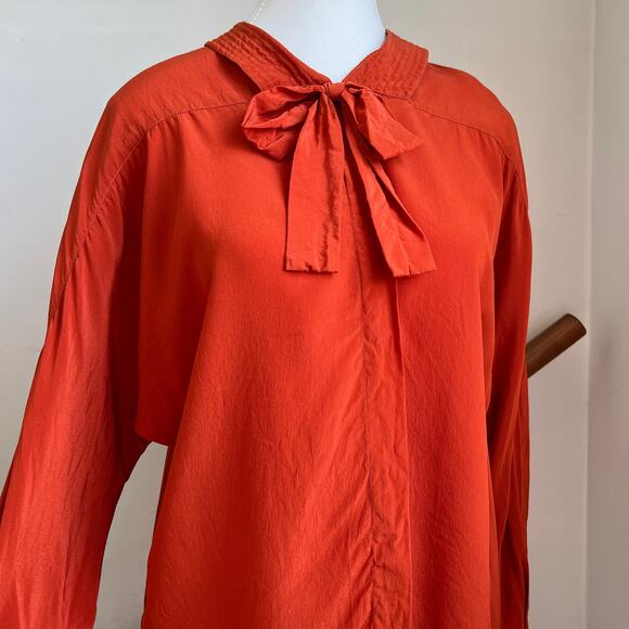 Vintage Orange 100% Silk‎ Bow Tie Peter Pan Collar Secretary Blouse Top - Picture 8 of 13